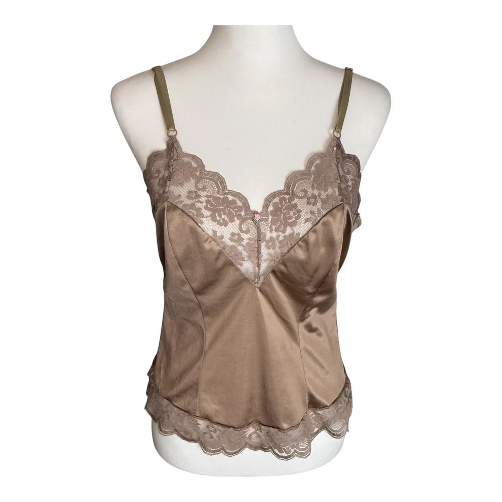 Vintage JCPenney Fantasia Taupe Brown Satin Lace Camisole Top Size 34 Small